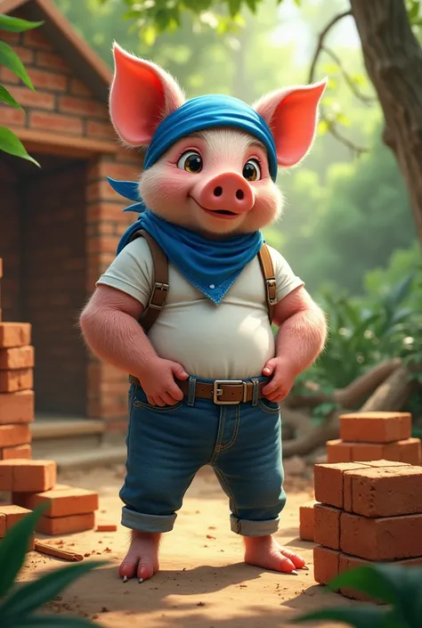 full-body illustration, (1male piglet:1.2), (determined expression:1.3), wearing a white t-shirt, blue jeans, and a blue bandana, (strong and hardworking:1.3), muscular build, (holding a stack of bricks in hand), (building a multi-storey proper house with ...