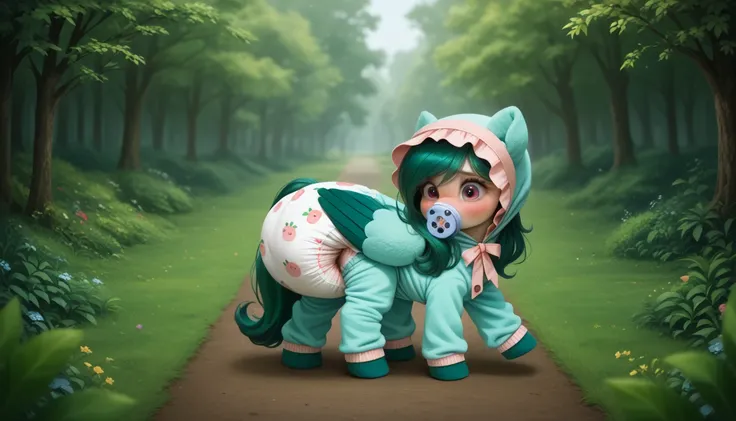 pony, Pegasus, adult mare, emerald green fur, a lush mane, gathered into an adult size bonnet, bushy tail, stands on four hooves, rear hooves spread wide apart, wearing an adult-sized baby onesie and booties, pacifier in mouth, solo, thick diaper under clo...