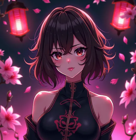 Create an avatar of a girl gamer, blonde with layered wavy brown hair, pink lips, Brown eyes. Japanese themed background with black as the dominant color, fuchsia, purple.  Sakura flowers in the air, con vientos fuchsias