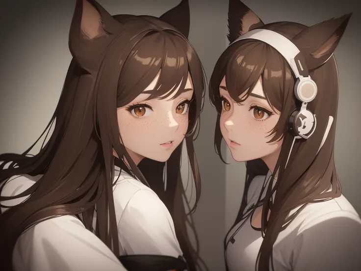 ((masterpiece,High resolution,8K quality,highest quality)), only 1 female,((highly detailed face)), delicate dark brown eyes, long dark brown curly hair, with freckles, wearing white gaming headphones that have cat ears, wearing a black dress, in front of ...