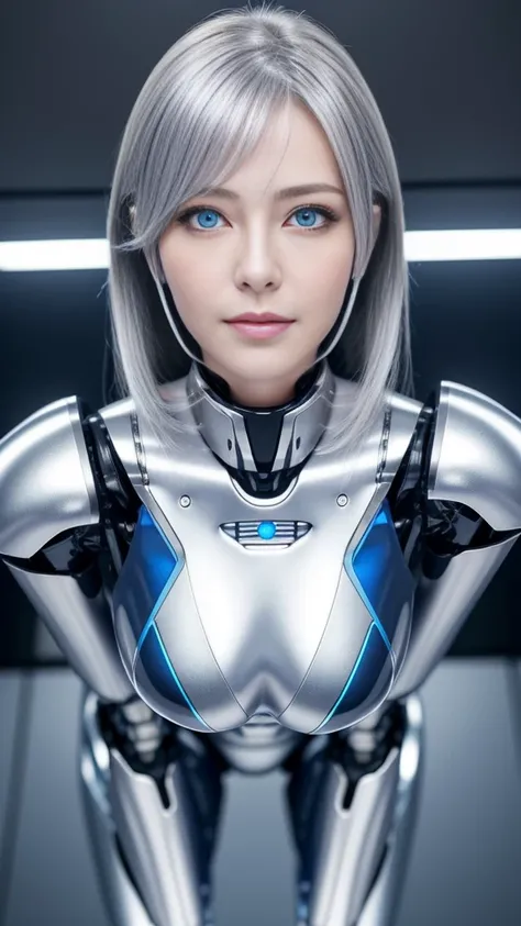 ((best quality)), ((masterpiece)), (detailed), perfect face,female Robot,Japanese Woman,50 years old,silver hair,blue eye,machine ear,silver metallic Robot body,No Expression,Sexy female Robot,Perfect Robot Woman,Sex Android,Sex RoboT,thigh gap, from below