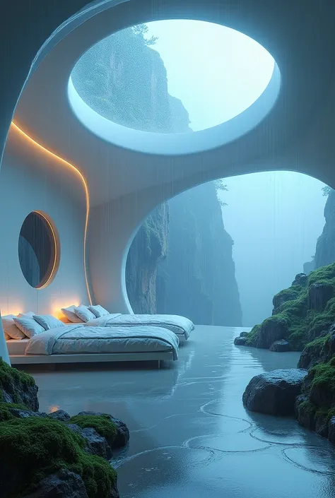 Imagine a futuristic bedroom nestled in the misty mountains during a gentle rain. Two pod-style beds are built into the wall, stacked vertically, each surrounded by a soft, blue-toned light that mimics the soothing glow of a rainy day. The beds are piled h...