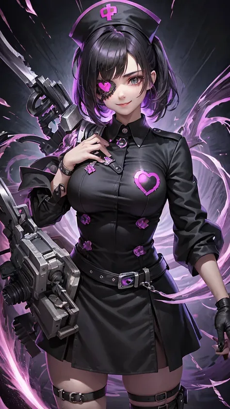 A beautiful girl wearing a black punk nurse outfit（）A person with short purple-highlighted black hair, wearing an eyepatch with a heart on it, holding a small chainsaw and smiling.