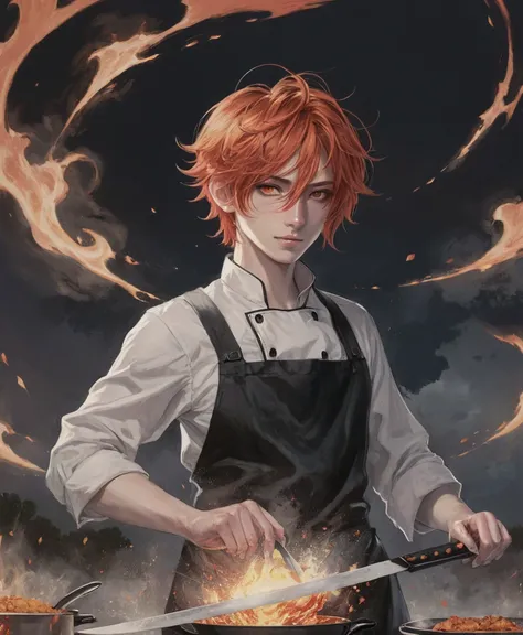 23-year-old male, 180cm tall, androgynous beauty, sharp golden eyes, short messy flame-red hair with a single vibrant red streak, medium build, ethereal appearance, wearing a disheveled black dress shirt with rolled-up sleeves, black skinny pants, holding ...