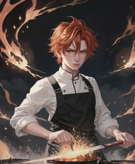 23-year-old male, 180cm tall, androgynous beauty, sharp golden eyes, short messy flame-red hair with a single vibrant red streak, medium build, ethereal appearance, wearing a disheveled black dress shirt with rolled-up sleeves, black skinny pants, holding ...