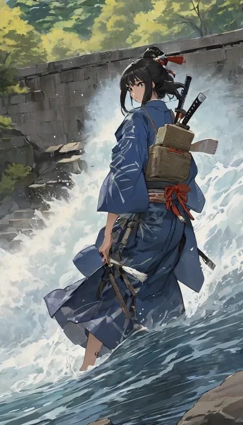 Water rushing past a carefully constructed dam, the samurai watching as the plan starts to go awry, a mix of frustration and surprise, natural forces overpowering human design.