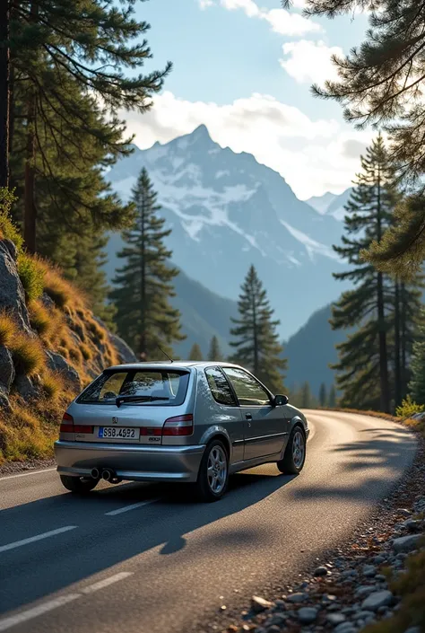 A silver gray Peugeot 106. On a mountain road. At the stop.