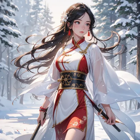 A beautiful female general holding a big spear in an ancient Chinese general costume, Walking with a woven basket full of flowers, in the middle of a snowstorm, white snow is falling, The sun shines and the sun rises, close up, The trees are covered in whi...