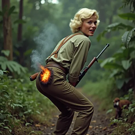 bent over , Big butt , is 1940 , We see the girl from behind, she looks at the viewer, ,  hilarious cinematic scene of a young, talented actress resembling Doris Day, dressed as a poacher in the heart of the jungle. She is bent over, wearing long pants and...