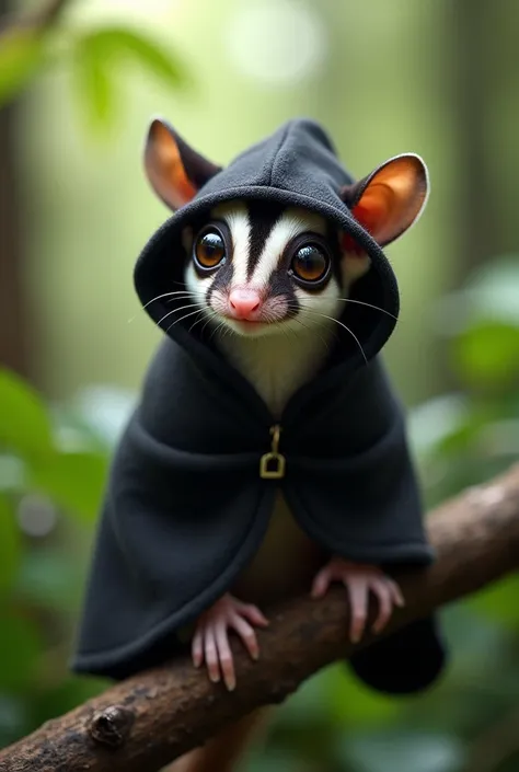 Draw a sugar glider wearing a black hooded coat.