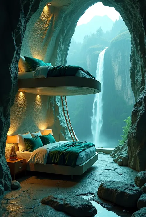 Envision a futuristic bedroom perched on a cliff in the rainy mountains, where two pod-style beds are nestled into the rock face, one above the other. The beds are surrounded by a soft, teal light that mimics the color of a rain-soaked forest. They are ado...