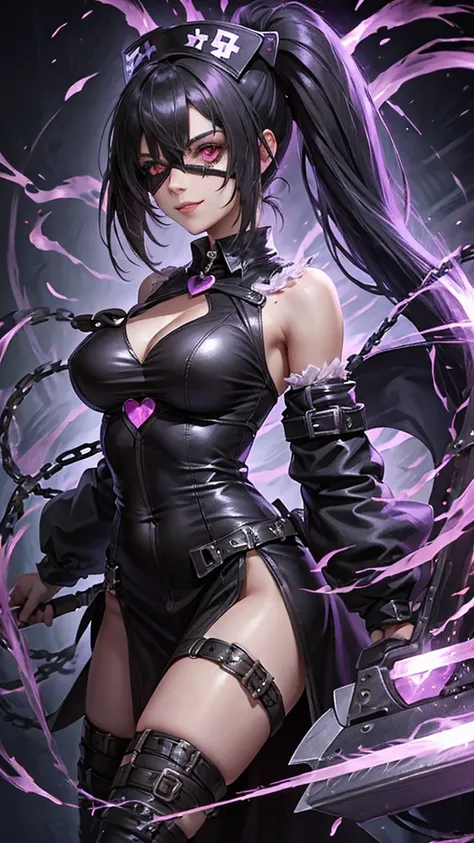 A beautiful girl wearing a black high-necked punk nurse outfit（）A person with short purple-highlighted black hair, wearing an eyepatch with a heart on it, holding a small chainsaw and smiling.