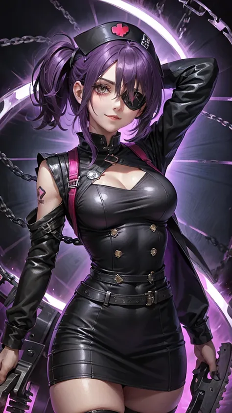 A beautiful girl wearing a black high-necked punk nurse outfit（）A person with short purple-highlighted black hair, wearing an eyepatch with a heart on it, holding a small chainsaw and smiling.