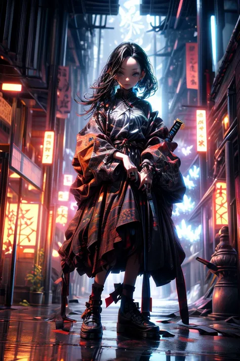 (Masterpiece: 1.2), highest quality, CG, 3D, samurai girl, samurai girl, weapon, holding a sword, solo, holding, black hair, holding a weapon, forehead, bug, sword holding, butterfly, girl 1 person, long sleeves, shining, reflective floor, katana, outdoor,...