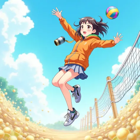 The person is jumping。Being athletic is the most important thing. Everyone is watching her.。
Shes wearing an orange, light-weight jacket。
The zipper is open and a rainbow can be seen on the inside.。Hes wearing large sneakers。jumping towards a bright future...