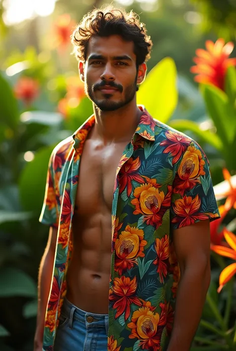 A Brazilian man in a lush tropical garden, wearing an open shirt with a floral print, with a close-up capturing the harmonious beauty between her breasts and the natural flowers