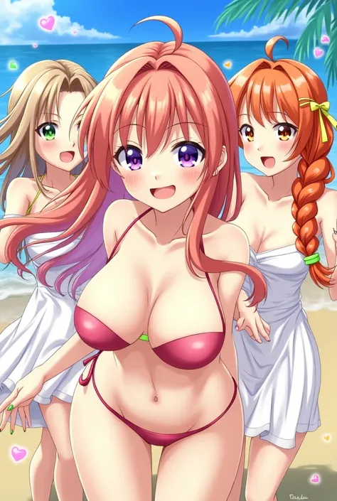 fujimaru ritsuka (female), long hair, breasts, looking at viewer, smile, open mouth, bangs, multiple girls, large breasts, dress, ribbon, 2girls, cleavage, bare shoulders, jewelry, purple eyes, swimsuit, hair ribbon, yellow eyes, purple hair, braid, ahoge,...