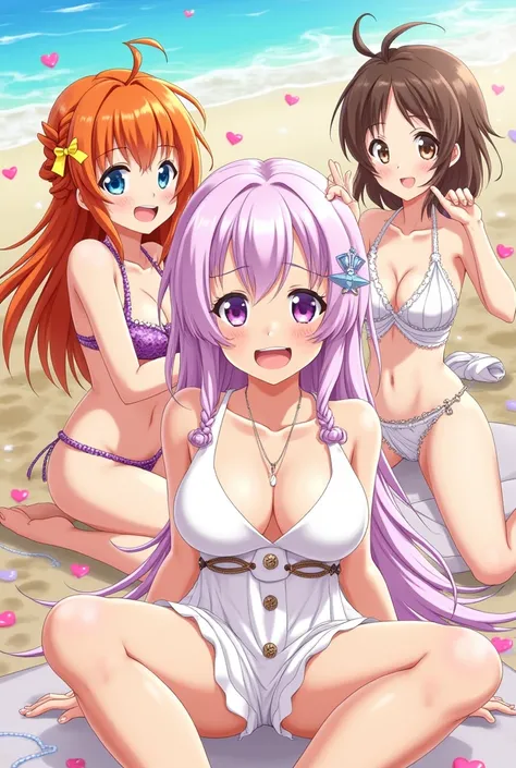 fujimaru ritsuka (female), long hair, breasts, looking at viewer, smile, open mouth, bangs, multiple girls, large breasts, dress, ribbon, 2girls, cleavage, bare shoulders, jewelry, purple eyes, swimsuit, hair ribbon, yellow eyes, purple hair, braid, ahoge,...