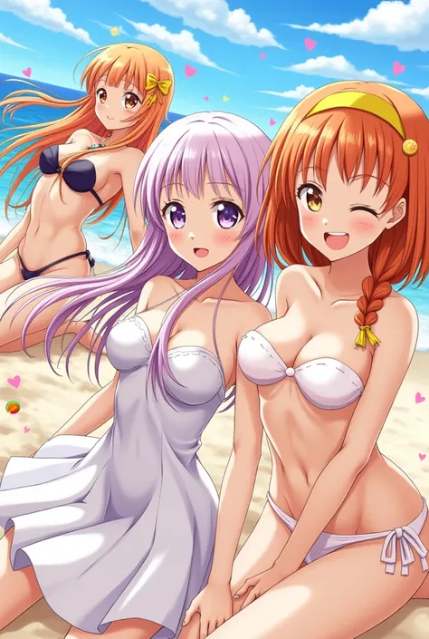 fujimaru ritsuka (female), long hair, breasts, looking at viewer, smile, open mouth, bangs, multiple girls, large breasts, dress, ribbon, 2girls, cleavage, bare shoulders, jewelry, purple eyes, swimsuit, hair ribbon, yellow eyes, purple hair, braid, ahoge,...