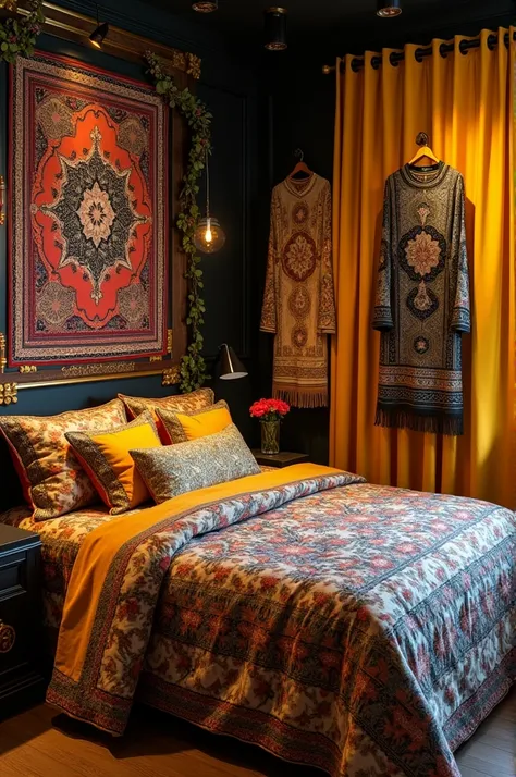 "Create a visually appealing image showcasing products from Mahi Beddys, featuring luxurious bedsheets and parda (curtain) cloths. The design should blend traditional Pakistani and Arabic aesthetics. Display the bedsheets in vibrant, intricate patterns ins...