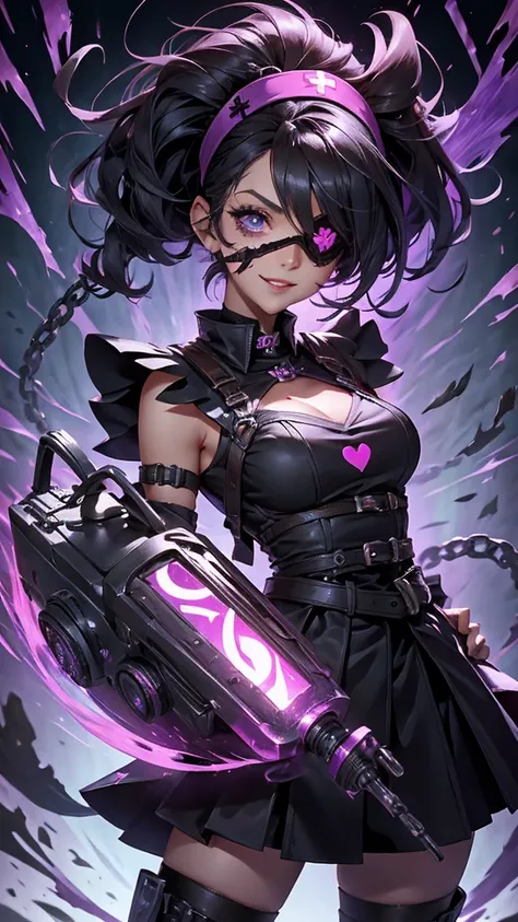 A beautiful girl wearing a black high-necked punk nurse outfit（）A person with short purple-highlighted black hair, wearing an eyepatch with a heart on it, holding a small chainsaw and smiling.