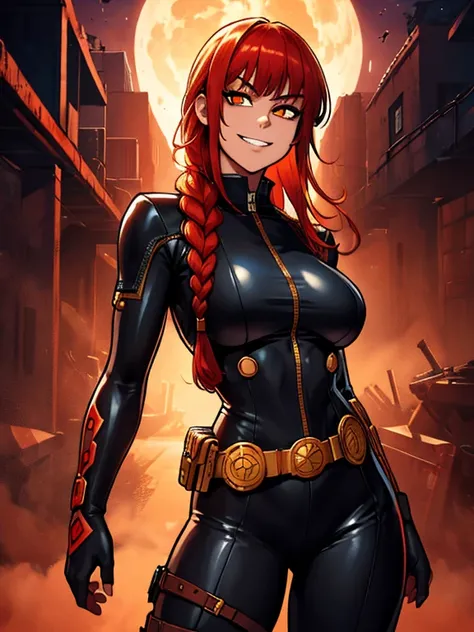 makima (chainsaw man), best quality, ultra detailed, 1girl, solo, standing, red hair, long braided hair, golden eyes, bangs, round breasts, wide hips, black leather suit, metallic utility belt, stare, (Evil grin:1.2), looking at viewer, color connection, c...