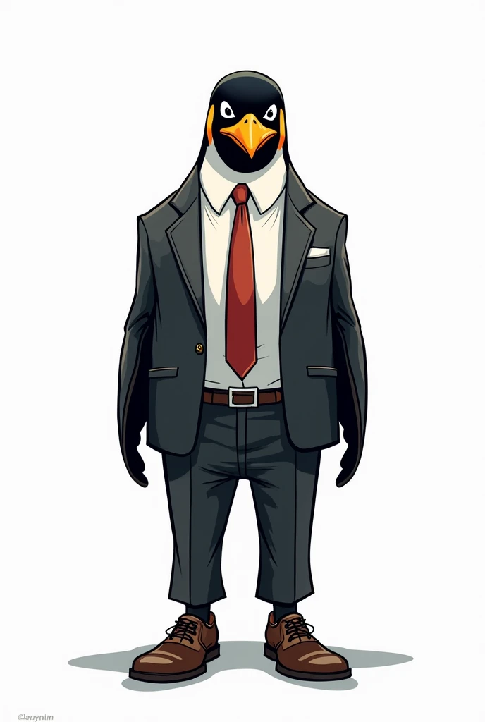 Linux mascot is  wearing business suite bravest 
human structure wearing business suite Linux mascot  mid shot retro comic style neno colours white background 4k image  human tall legs