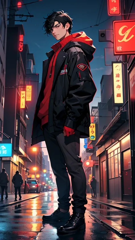 (high quality, 4k, full hd), young man in his 20s, black hair, black jacket with red details, up viewpoint, night, city, artificial ilimination