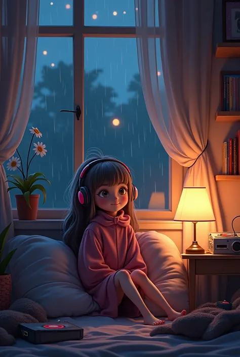 ( High quality 2D animation) night、rain、Listen to music in a cozy room, Use headphones, 2D Anime Style, Lo-Fi, hard disk, Half dark