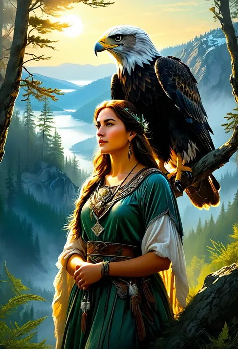 A captivating scene featuring a young woman with an eagle perched on her arm. The woman stands gracefully, dressed in rustic yet elegant attire that suggests a connection with nature. The eagle, majestic and powerful, sits calmly on her outstretched arm, i...