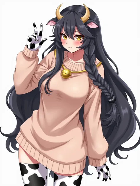 1girl, solo, long hair, breasts, looking at viewer, blush, simple background, black hair, thighhighs, gloves, white background, animal ears, yellow eyes, braid, thighs, horns, collar, bell, thick thighs, animal print, neck bell, cow print, cow ears, cow ho...