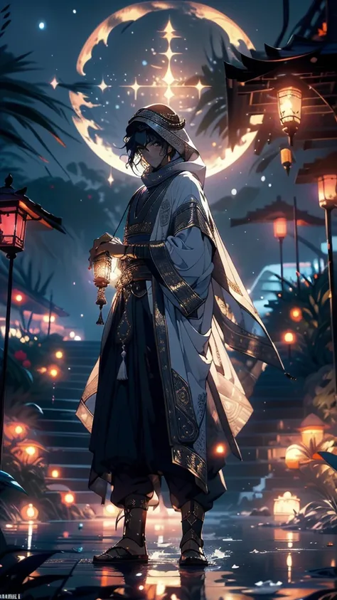 (((back side of warrior))) a detailed prompt for creating an image of an Arab [back side ] in a fantasyworld magical world dream (((warrior)))(((((man in traditional attire from the era of Prophet in full moon with fulll of star in a mystical night view si...