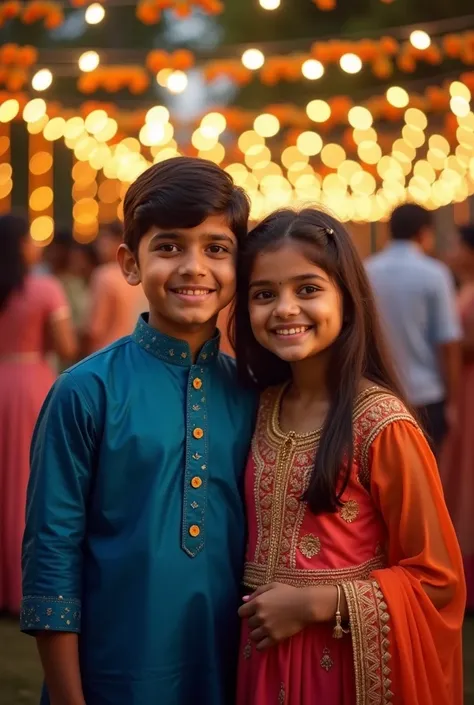 Create a post showing the bond between brother and sister wearing Indian attire, with a colourfull family background