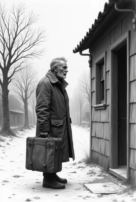 A father leaving his house for a sad mission (black and white drawing) 