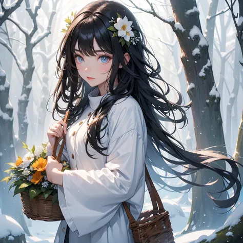 A beautiful girl with black long hair, holding a basket full of flowers in a forest covered in white snowstorms. A very strong blizzard The trees were completely covered with white snow, with the sun shining on her face, close up.