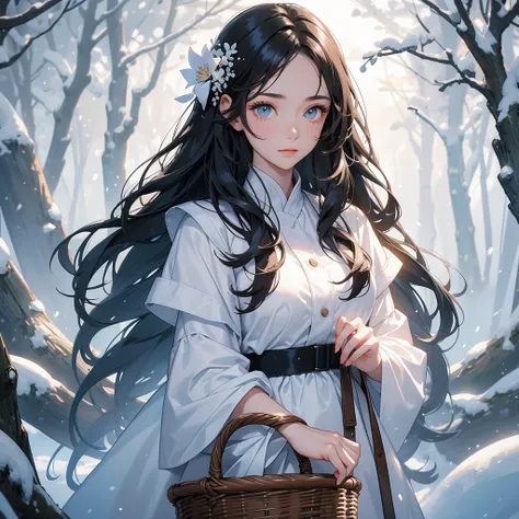 A beautiful girl with black long hair, holding a basket full of flowers in a forest covered in white snowstorms. A very strong blizzard The trees were completely covered with white snow, with the sun shining on her face, close up.