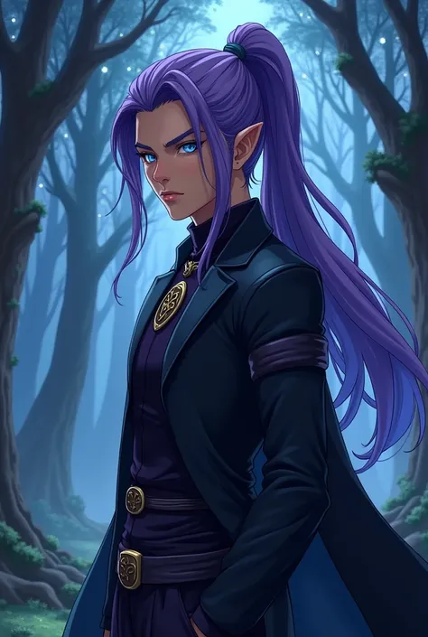 Man 20 years old, anime styling, elfo, black assassin clothes, Mancino, long purple hair tied in a ponytail, blue colored eyes, brown skin,,  The drawing has to be anime and make him a wizard