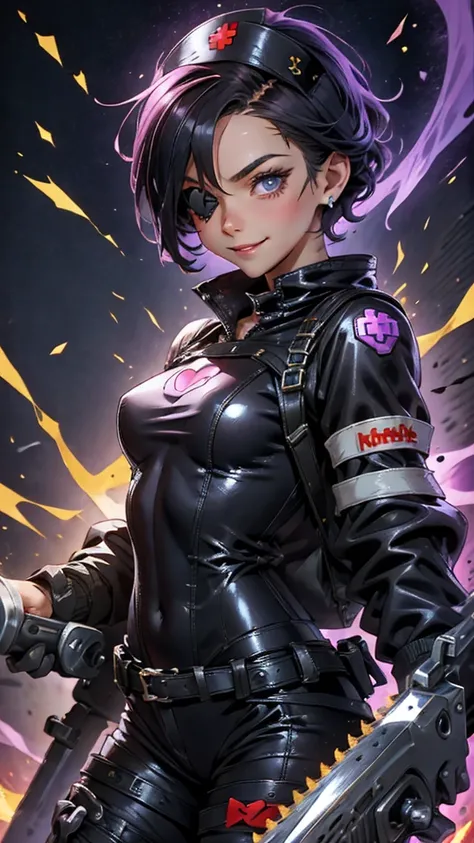 A beautiful girl wearing a black high-necked punk nurse outfit（20-year-old）A person with short purple-highlighted black hair, wearing an eyepatch with a heart on it, holding a small chainsaw and smiling.