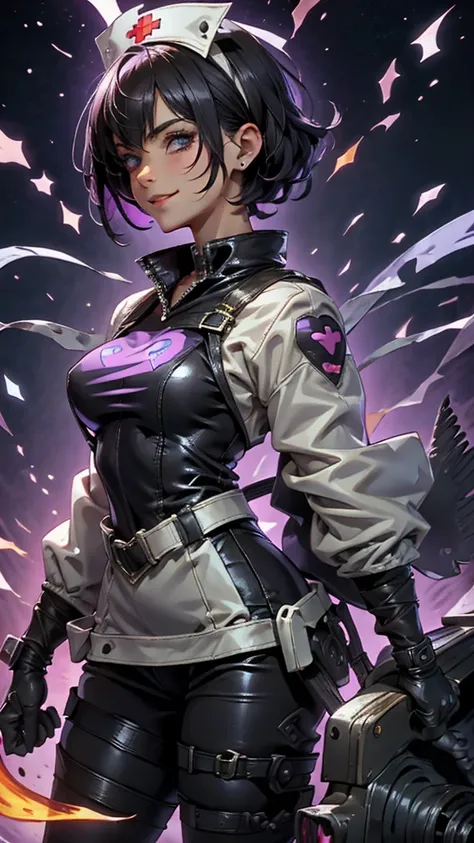 A beautiful girl wearing a black high-necked punk nurse outfit（20-year-old）A person with short purple-highlighted black hair, wearing an eyepatch with a heart on it, holding a small chainsaw and smiling.