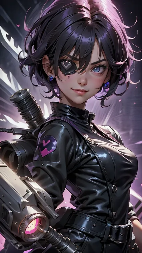 A beautiful girl wearing a black high-necked punk nurse outfit（20-year-old）A person with short purple-highlighted black hair, wearing an eyepatch with a heart on it, holding a small chainsaw and smiling.