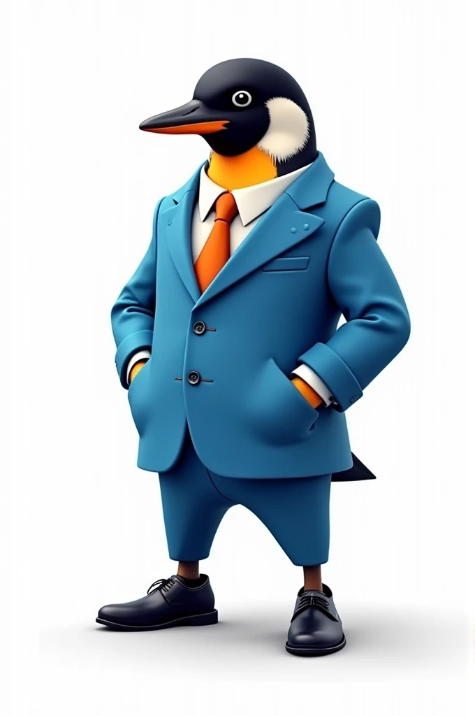 Linux mascot wearing a bravest business suite looking like human body mid shot retro comic style neno colours white background 4k image tall human legs