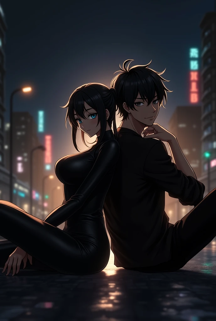 A guy with long black hair, gray eyes, Beautiful face, beautiful body, black T-shirt, black trousers, She sits leaning against a girl with black hair and blue eyes., anime art, realistically, super detail, masterpiece