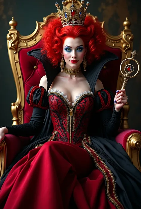 （Red curly hair），Queen，Queen Clothing，Holding a love staff，Red lipstick，(the red queen，Disney Villains)，Big Head，Pale skin，Villains，Sitting on the throne，accessories，poker，Blue Eyeshadow, potrait, attitude 