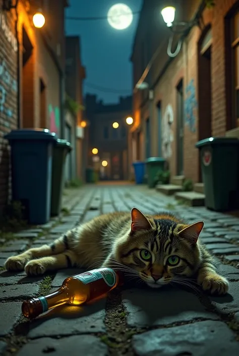 A drunken cat sitting on the street like a stray cat