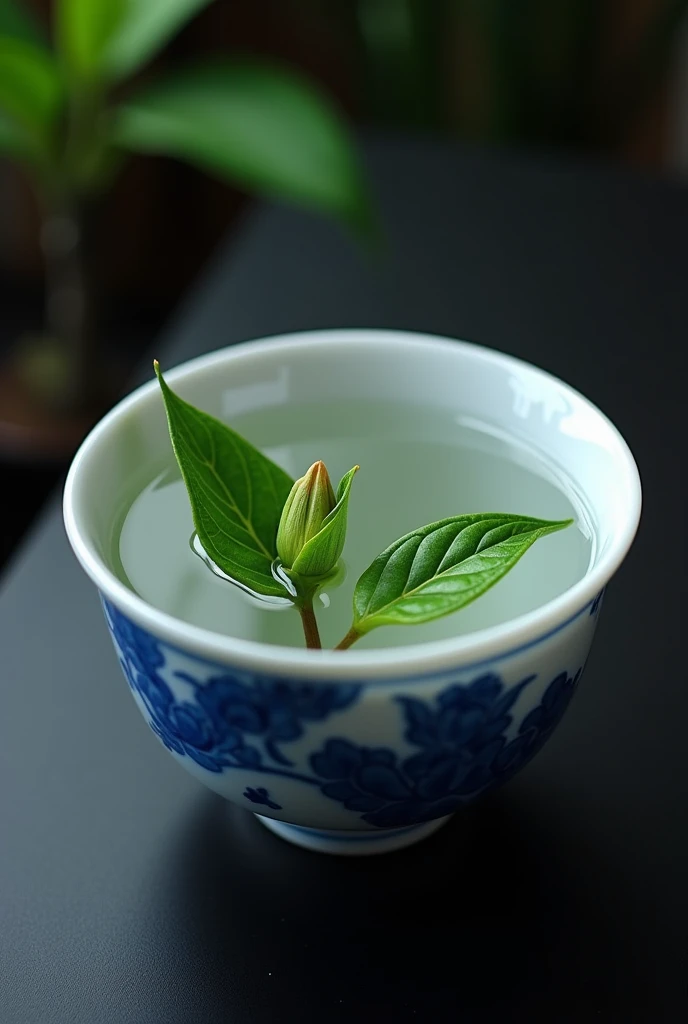 The camera looks down from directly above at a Chinese high mountain tea with one wick and two leaves brewing in a Chinese blue and white porcelain teacup.，((Right beneath the surface, You can see a single bud and two leaves of Chinese high mountain dry te...