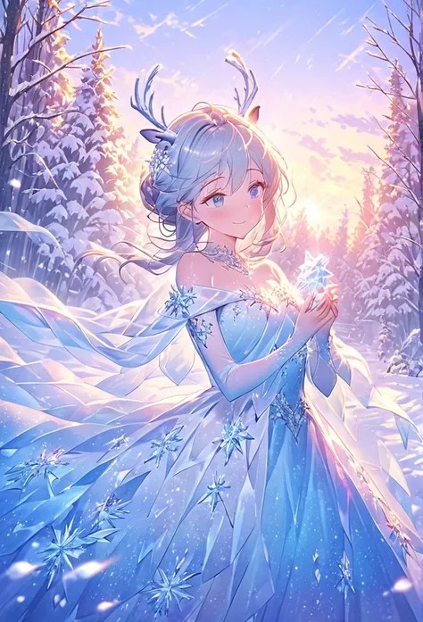 Picture Elsa from Frozen in an enchanting, snow-covered forest at dawn. She’s wearing a shimmering, ice-blue gown that glitters like frost in the morning light. The trees around her are tall and majestic, their branches covered in delicate icicles that cat...