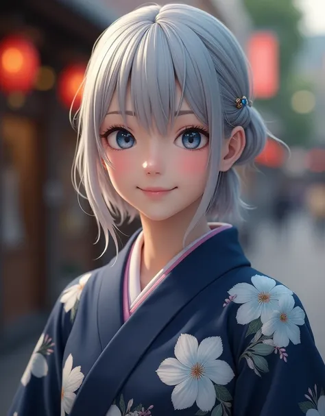 (RAW photo, best quality, masterpiece: 1.2), (photorealistic: 1.4), best lighting, 20 years old, (light gray hair, short cut, hair over one ear, Symmetrical eyes, fair skin, solo, Detailed Skin, Detailed Background:1.2),　Navy yukata with white floral patte...