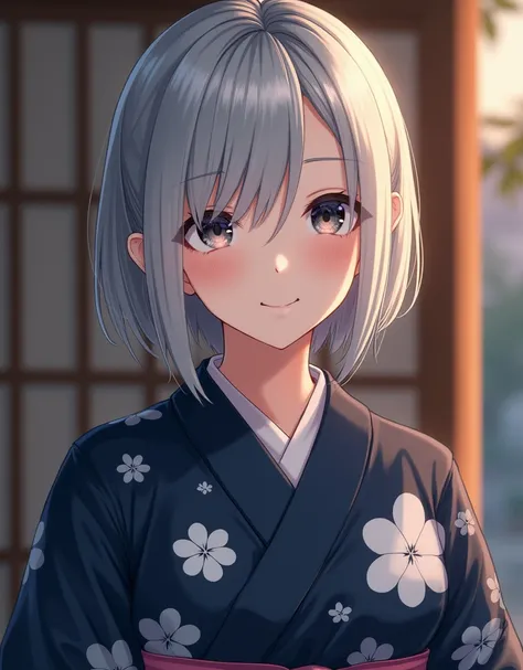 (RAW photo, best quality, masterpiece: 1.2), (photorealistic: 1.4), best lighting, 20 years old, (light gray hair, short cut, hair over one ear, Symmetrical eyes, fair skin, solo, Detailed Skin, Detailed Background:1.2),　Navy yukata with white floral patte...