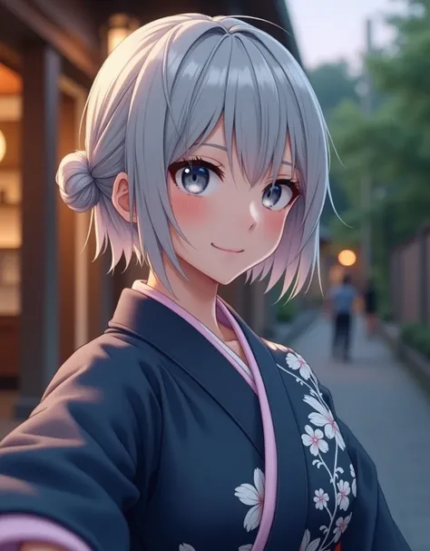 (RAW photo, best quality, masterpiece: 1.2), (photorealistic: 1.4), best lighting, 20 years old, (light gray hair, short cut, hair over one ear, Symmetrical eyes, fair skin, solo, Detailed Skin, Detailed Background:1.2),　Navy yukata with white floral patte...