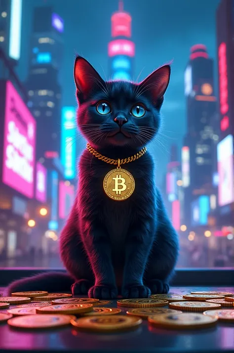 Realistic cat with a bitcoin golden necklace and lot of bitcoins sitting on the desk near computer in cyberpunk neon city